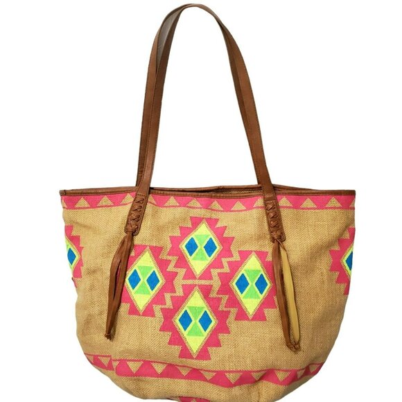 Billabong Boho Tote Beach Bag Southwest Purse Aztec Burlap Lined Hobo Tan Pink - Picture 2 of 16